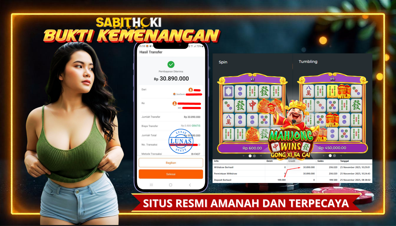 SELAMAT KEPADA MEMBER SETIA SABITHOKI YANG BERHASIL JACKPOT DI PERMAINAN MAHJONG GONG XI FA CAI